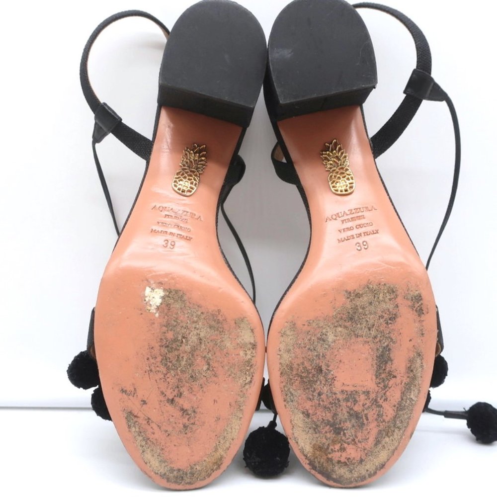 AQUAZZURA POM POM ANKLE TIE SANDALS BLACK RAFFIA SIZE 39 OPEN TOE MID-HEEL - Picture 9 of 9